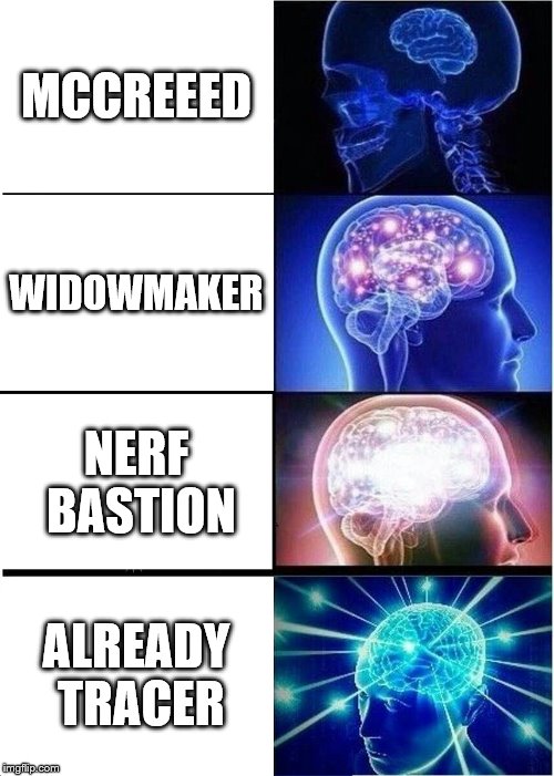 Expanding Brain Meme | MCCREEED; WIDOWMAKER; NERF BASTION; ALREADY TRACER | image tagged in memes,expanding brain | made w/ Imgflip meme maker