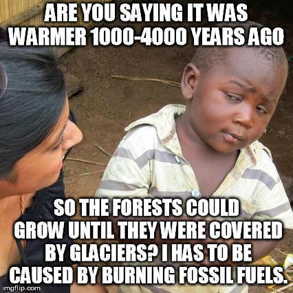 Third World Skeptical Kid Meme | ARE YOU SAYING IT WAS WARMER 1000-4000 YEARS AGO SO THE FORESTS COULD GROW UNTIL THEY WERE COVERED BY GLACIERS? I HAS TO BE CAUSED BY BURNIN | image tagged in memes,third world skeptical kid | made w/ Imgflip meme maker