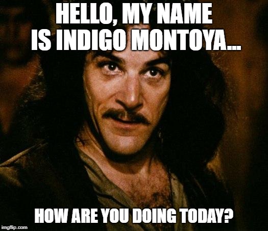 Inigo Montoya Meme | HELLO, MY NAME IS INDIGO MONTOYA... HOW ARE YOU DOING TODAY? | image tagged in memes,inigo montoya | made w/ Imgflip meme maker