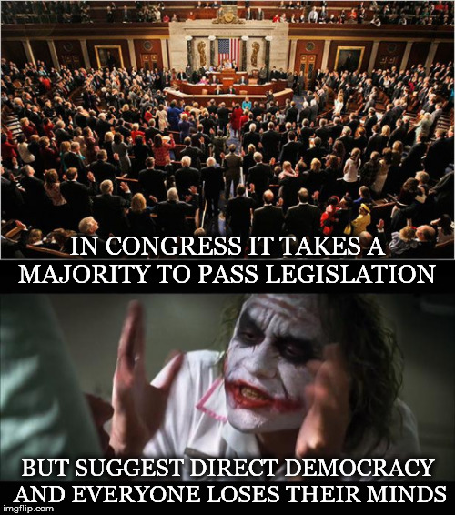 IN CONGRESS IT TAKES A MAJORITY TO PASS LEGISLATION; BUT SUGGEST DIRECT DEMOCRACY AND EVERYONE LOSES THEIR MINDS | image tagged in congress,majority,legislation,direct democracy,joker,and eveyone loses their minds | made w/ Imgflip meme maker