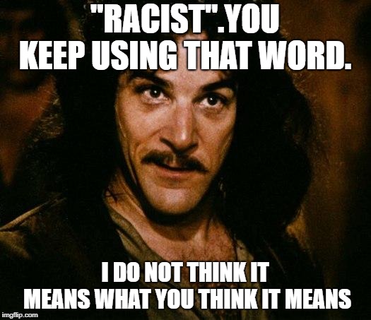Inigo Montoya Meme | "RACIST".YOU KEEP USING THAT WORD. I DO NOT THINK IT MEANS WHAT YOU THINK IT MEANS | image tagged in memes,inigo montoya | made w/ Imgflip meme maker
