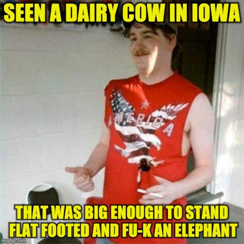 Redneck Randal Meme | SEEN A DAIRY COW IN IOWA THAT WAS BIG ENOUGH TO STAND FLAT FOOTED AND FU-K AN ELEPHANT | image tagged in memes,redneck randal | made w/ Imgflip meme maker