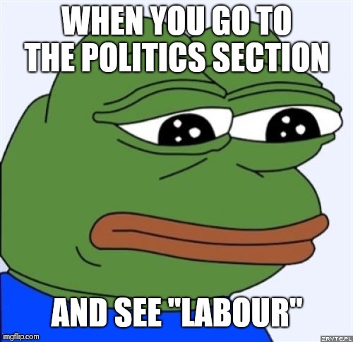 sad frog | WHEN YOU GO TO THE POLITICS SECTION AND SEE "LABOUR" | image tagged in sad frog | made w/ Imgflip meme maker