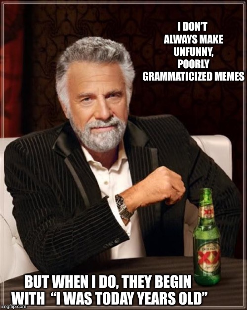 The Most Interesting Man In The World Meme | I DON’T ALWAYS MAKE UNFUNNY, POORLY GRAMMATICIZED MEMES; BUT WHEN I DO, THEY BEGIN WITH  “I WAS TODAY YEARS OLD” | image tagged in memes,the most interesting man in the world | made w/ Imgflip meme maker