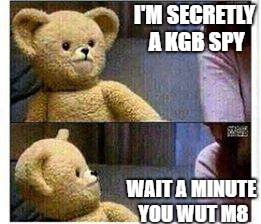 Awkward Bear | I'M SECRETLY A KGB SPY; WAIT A MINUTE YOU WUT M8 | image tagged in awkward bear | made w/ Imgflip meme maker