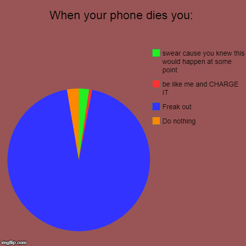 When your phone dies you: | Do nothing, Freak out, be like me and CHARGE IT, swear cause you knew this would happen at some point | image tagged in funny,pie charts | made w/ Imgflip chart maker