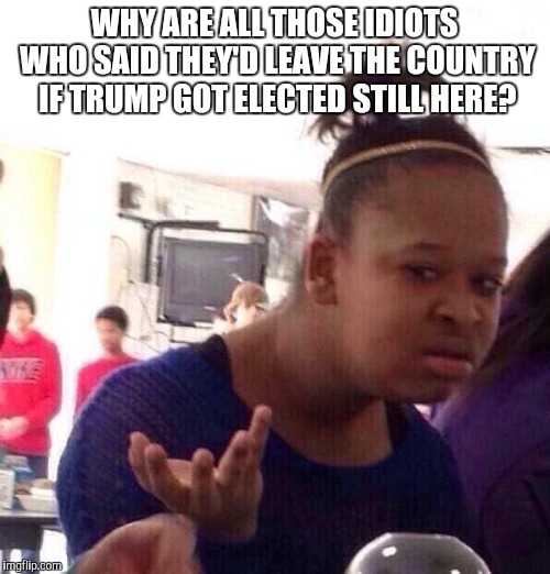 Black Girl Wat Meme | WHY ARE ALL THOSE IDIOTS WHO SAID THEY'D LEAVE THE COUNTRY IF TRUMP GOT ELECTED STILL HERE? | image tagged in memes,black girl wat | made w/ Imgflip meme maker