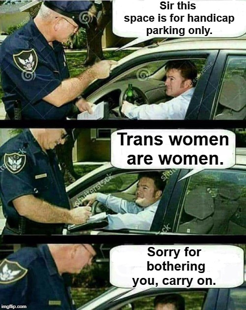 Handicap Parking  | Sir this space is for handicap parking only. Trans women are women. Sorry for bothering you, carry on. | image tagged in handicap parking,handicapped parking space,trans women,handicapped,transgender,memes | made w/ Imgflip meme maker