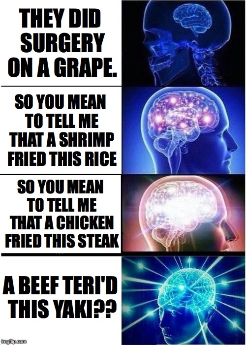 Expanding Brain | THEY DID SURGERY ON A GRAPE. SO YOU MEAN TO TELL ME THAT A SHRIMP FRIED THIS RICE; SO YOU MEAN TO TELL ME THAT A CHICKEN FRIED THIS STEAK; A BEEF TERI'D THIS YAKI?? | image tagged in memes,expanding brain | made w/ Imgflip meme maker