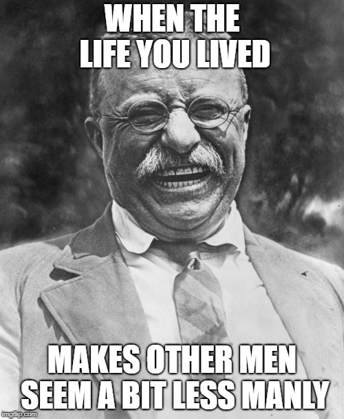 Teddy Roosevelt | WHEN THE LIFE YOU LIVED; MAKES OTHER MEN SEEM A BIT LESS MANLY | image tagged in teddy roosevelt | made w/ Imgflip meme maker