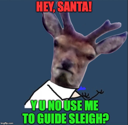 A Wish For Santa | HEY, SANTA! Y U NO USE ME TO GUIDE SLEIGH? | image tagged in y u no,reindeer,deer,santa,y u november | made w/ Imgflip meme maker