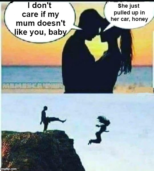 Apparently, he DOES care | She just pulled up in her car, honey; I don't care if my mum doesn't like you, baby | image tagged in mummy's boy,humour | made w/ Imgflip meme maker