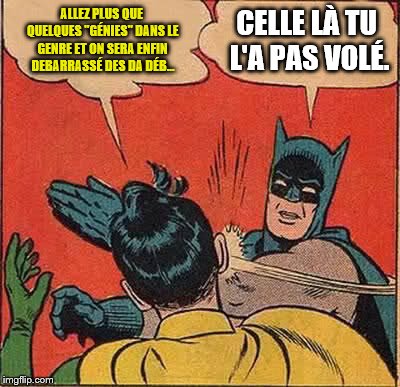 Batman Slapping Robin Meme | ALLEZ PLUS QUE QUELQUES "GÉNIES" DANS LE GENRE ET ON SERA ENFIN DEBARRASSÉ DES DA DÉB... CELLE LÀ TU L'A PAS VOLÉ. | image tagged in memes,batman slapping robin | made w/ Imgflip meme maker