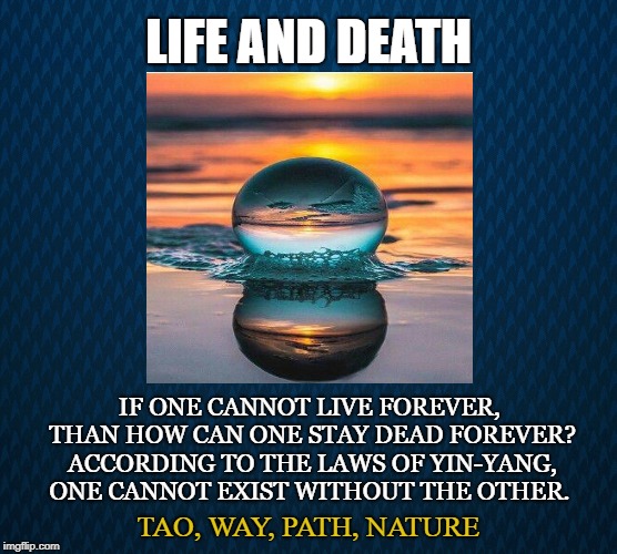 Creation/Destruction | LIFE AND DEATH; IF ONE CANNOT LIVE FOREVER, THAN HOW CAN ONE STAY DEAD FOREVER? ACCORDING TO THE LAWS OF YIN-YANG, ONE CANNOT EXIST WITHOUT THE OTHER. TAO, WAY, PATH, NATURE | image tagged in tao,way,path,life,death,yin yang | made w/ Imgflip meme maker