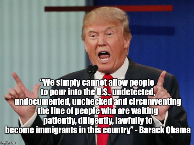 Who's bad? | “We simply cannot allow people to pour into the U.S., undetected, undocumented, unchecked and circumventing the line of people who are waiting patiently, diligently, lawfully to become immigrants in this country” - Barack Obama | image tagged in donald trump,obama,illegal immigration | made w/ Imgflip meme maker