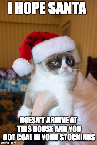 Grumpy Cat Christmas | I HOPE SANTA; DOESN'T ARRIVE AT THIS HOUSE AND YOU GOT COAL IN YOUR STOCKINGS | image tagged in memes,grumpy cat christmas,grumpy cat | made w/ Imgflip meme maker