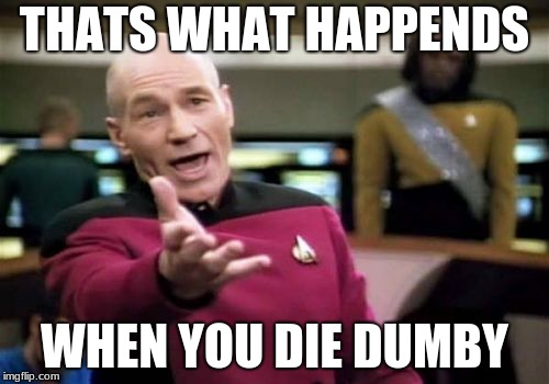 Picard Wtf | THATS WHAT HAPPENDS; WHEN YOU DIE DUMBY | image tagged in memes,picard wtf | made w/ Imgflip meme maker