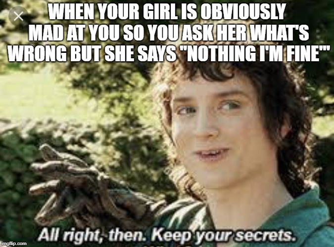 All Right Then, Keep Your Secrets | WHEN YOUR GIRL IS OBVIOUSLY MAD AT YOU SO YOU ASK HER WHAT'S WRONG BUT SHE SAYS "NOTHING I'M FINE'" | image tagged in all right then keep your secrets | made w/ Imgflip meme maker