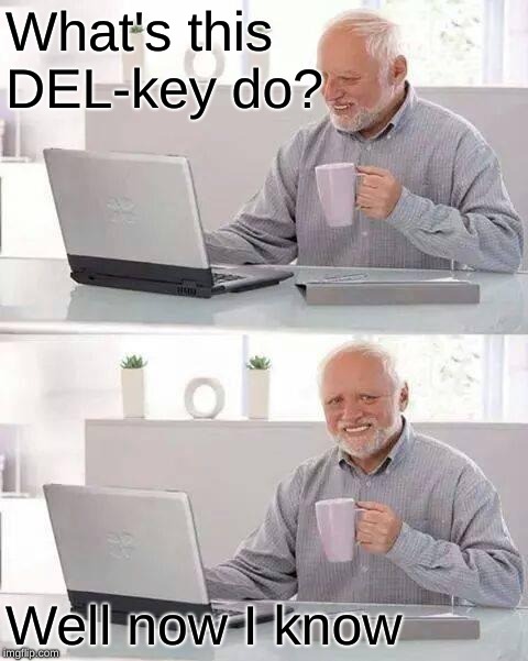 Hide the Pain Harold | What's this DEL-key do? Well now I know | image tagged in memes,hide the pain harold,computer nerd,computer suicide | made w/ Imgflip meme maker