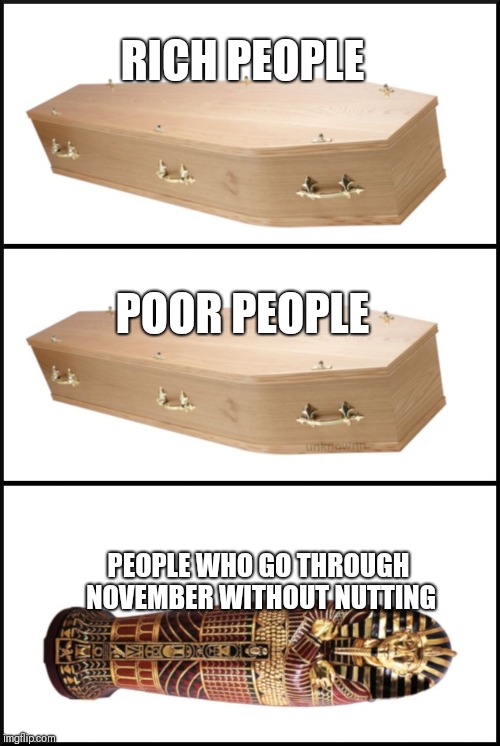 coffin | RICH PEOPLE; POOR PEOPLE; PEOPLE WHO GO THROUGH NOVEMBER WITHOUT NUTTING | image tagged in coffin | made w/ Imgflip meme maker