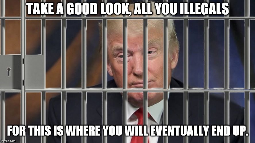 Trump Behind Bars | TAKE A GOOD LOOK, ALL YOU ILLEGALS; FOR THIS IS WHERE YOU WILL EVENTUALLY END UP. | image tagged in trump behind bars | made w/ Imgflip meme maker