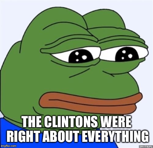 sad frog | THE CLINTONS WERE RIGHT ABOUT EVERYTHING | image tagged in sad frog | made w/ Imgflip meme maker