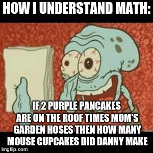 Stressed out Squidward | HOW I UNDERSTAND MATH:; IF 2 PURPLE PANCAKES ARE ON THE ROOF TIMES MOM'S GARDEN HOSES THEN HOW MANY MOUSE CUPCAKES DID DANNY MAKE | image tagged in stressed out squidward | made w/ Imgflip meme maker