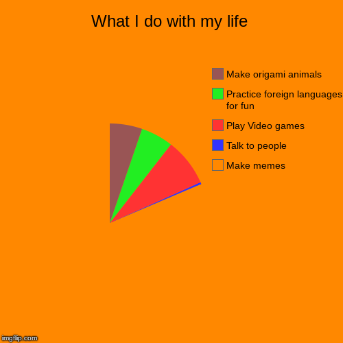 What I do with my life | Make memes, Talk to people, Play Video games, Practice foreign languages for fun, Make origami animals | image tagged in funny,pie charts | made w/ Imgflip chart maker