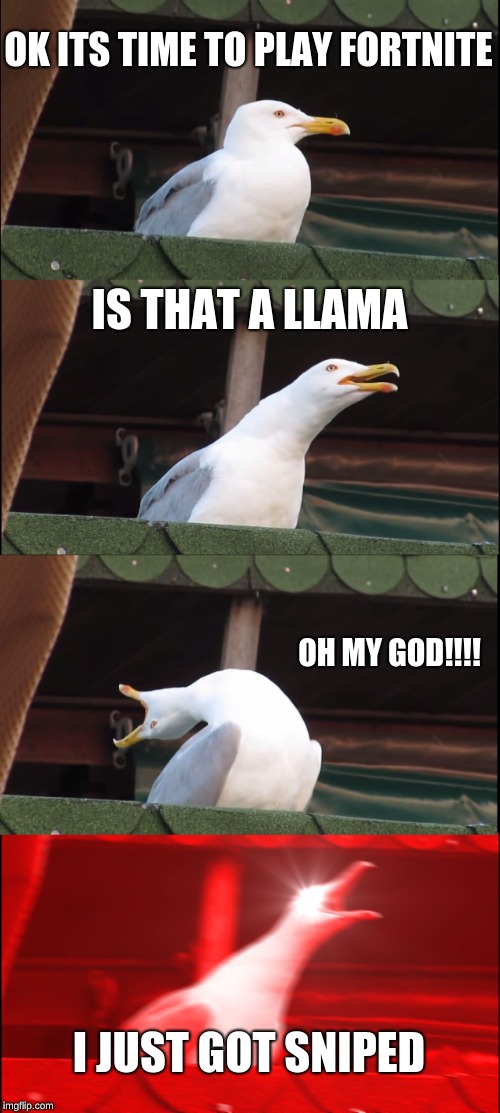 Inhaling Seagull Meme | OK ITS TIME TO PLAY FORTNITE; IS THAT A LLAMA; OH MY GOD!!!! I JUST GOT SNIPED | image tagged in memes,inhaling seagull | made w/ Imgflip meme maker