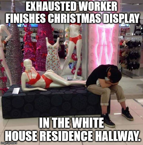 white house christmas | EXHAUSTED WORKER FINISHES CHRISTMAS DISPLAY; IN THE WHITE HOUSE RESIDENCE HALLWAY. | image tagged in melania,trump,christmas,white house | made w/ Imgflip meme maker