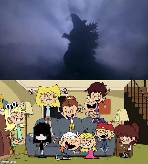 Loud siblings cheer for the revived Godzilla Junior | image tagged in godzilla,the loud house | made w/ Imgflip meme maker