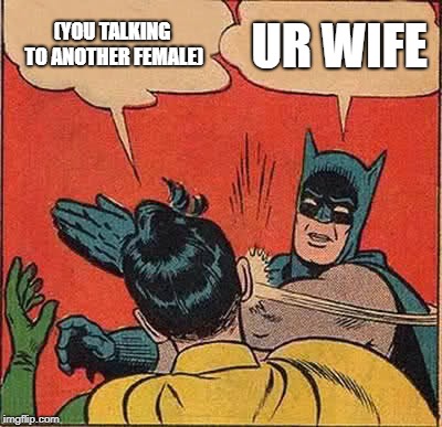 Batman Slapping Robin Meme | (YOU TALKING TO ANOTHER FEMALE); UR WIFE | image tagged in memes,batman slapping robin | made w/ Imgflip meme maker