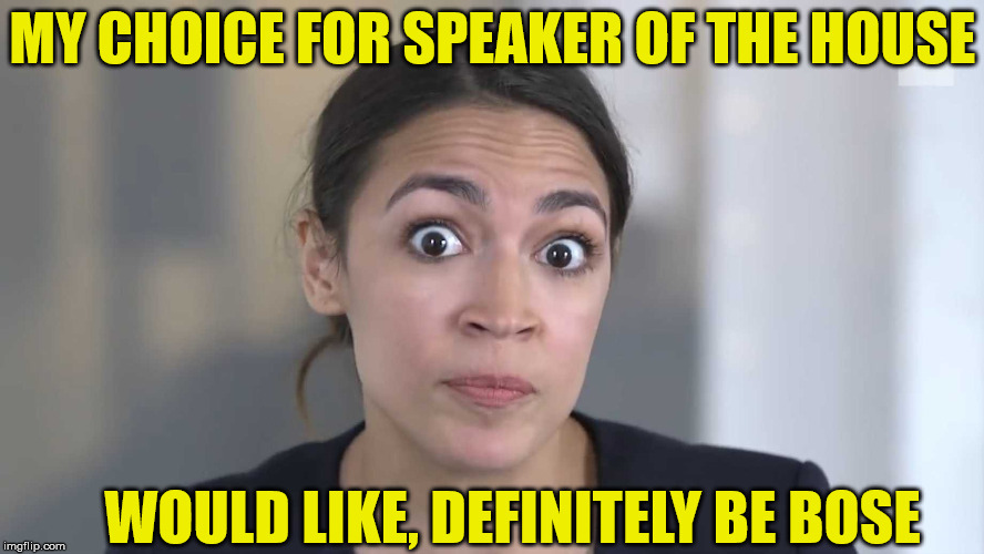 Alexandria's choice for Speaker of the House | MY CHOICE FOR SPEAKER OF THE HOUSE; WOULD LIKE, DEFINITELY BE BOSE | image tagged in crazy cortez,memes,political,speaker,congress,alexandria ocasio-cortez | made w/ Imgflip meme maker