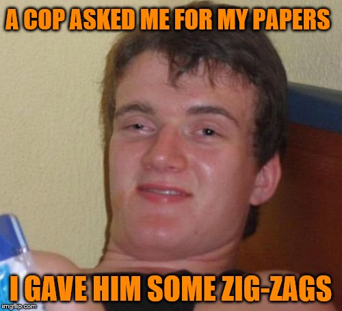 10 Guy Meme | A COP ASKED ME FOR MY PAPERS I GAVE HIM SOME ZIG-ZAGS | image tagged in memes,10 guy | made w/ Imgflip meme maker