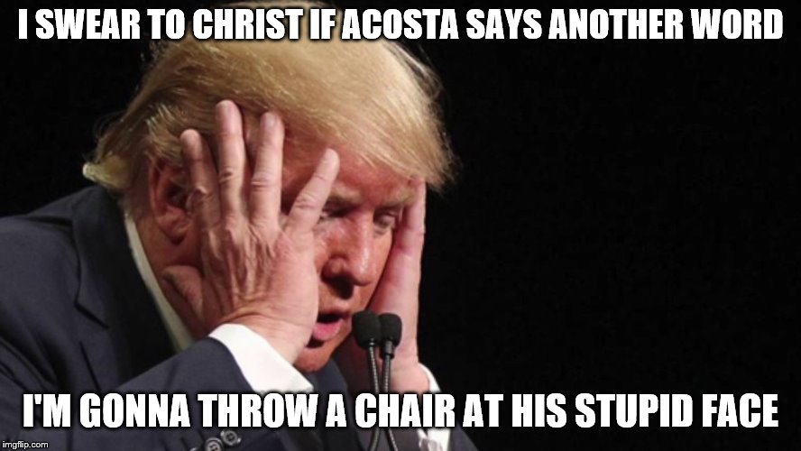 Trump OMG | I SWEAR TO CHRIST IF ACOSTA SAYS ANOTHER WORD I'M GONNA THROW A CHAIR AT HIS STUPID FACE | image tagged in trump omg | made w/ Imgflip meme maker