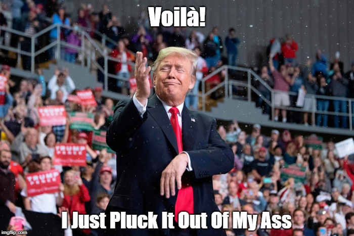 "Voilà! I Just Pluck It Out Of My Ass." | Voilà! I Just Pluck It Out Of My Ass | image tagged in dishonest donald,mendacious donald,deplorable donald,despicable donald,devious donald,trump | made w/ Imgflip meme maker