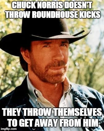 Chuck Norris Meme | CHUCK NORRIS DOESN'T THROW ROUNDHOUSE KICKS; THEY THROW THEMSELVES TO GET AWAY FROM HIM | image tagged in memes,chuck norris | made w/ Imgflip meme maker
