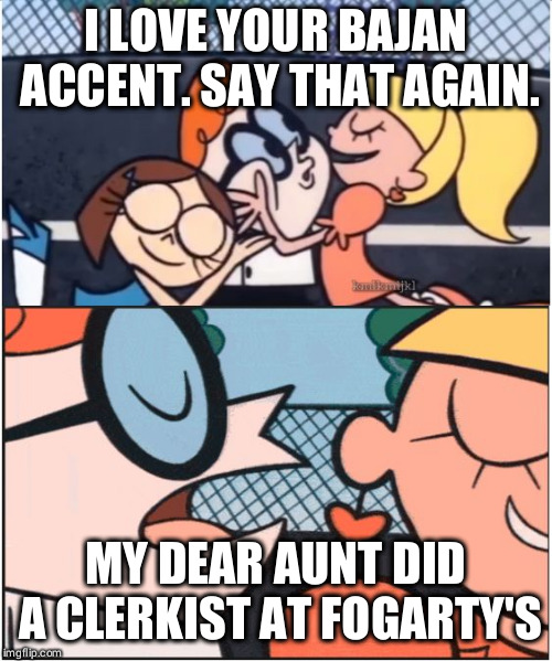 Dexters Lab | I LOVE YOUR BAJAN ACCENT. SAY THAT AGAIN. MY DEAR AUNT DID A CLERKIST AT FOGARTY'S | image tagged in dexters lab | made w/ Imgflip meme maker