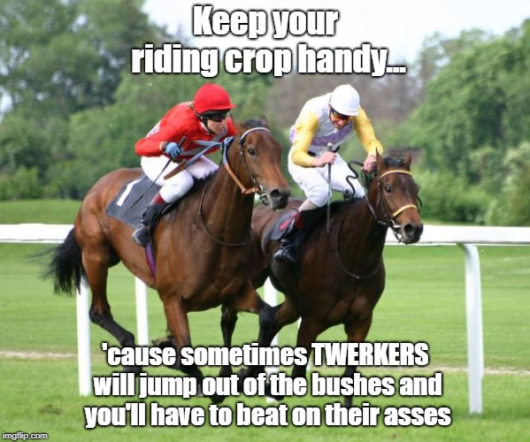 Make The World Safe From Twerkers Again | Keep your riding crop handy... 'cause sometimes TWERKERS will jump out of the bushes and you'll have to beat on their asses | image tagged in two horses racing,jockeys,riding crop,twerkers,memes | made w/ Imgflip meme maker