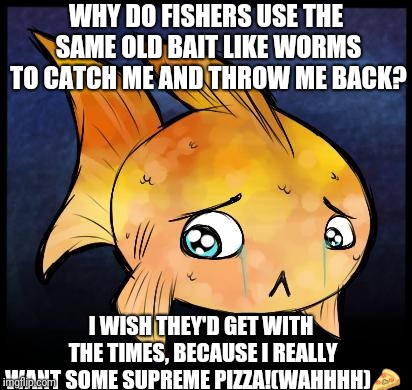 Make fish happy use better tasting bait! | WHY DO FISHERS USE THE SAME OLD BAIT LIKE WORMS TO CATCH ME AND THROW ME BACK? I WISH THEY'D GET WITH THE TIMES, BECAUSE I REALLY WANT SOME SUPREME PIZZA!(WAHHHH)🍕 | image tagged in other sad fish,memes | made w/ Imgflip meme maker