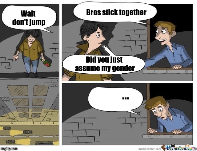 Wait don't jump | Bros stick together; Wait don't jump; Did you just assume my gender; ... | image tagged in don't jump more | made w/ Imgflip meme maker