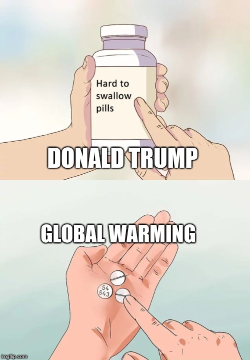 Hard To Swallow Pills Meme | DONALD TRUMP; GLOBAL WARMING | image tagged in memes,hard to swallow pills | made w/ Imgflip meme maker