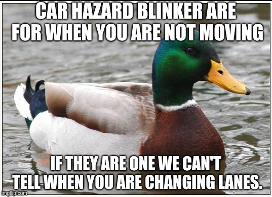 Actual Advice Mallard Meme | CAR HAZARD BLINKER ARE FOR WHEN YOU ARE NOT MOVING; IF THEY ARE ONE WE CAN'T TELL WHEN YOU ARE CHANGING LANES. | image tagged in memes,actual advice mallard | made w/ Imgflip meme maker