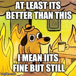 Dog in burning house | AT LEAST ITS BETTER THAN THIS I MEAN IITS FINE BUT STILL | image tagged in dog in burning house | made w/ Imgflip meme maker