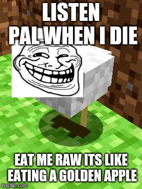 Minecraft Advice Chicken | LISTEN PAL WHEN I DIE; EAT ME RAW ITS LIKE EATING A GOLDEN APPLE | image tagged in minecraft advice chicken | made w/ Imgflip meme maker