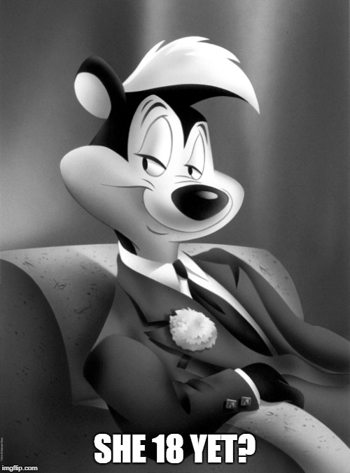 pepe le pew | SHE 18 YET? | image tagged in pepe le pew | made w/ Imgflip meme maker