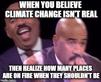 Steve Harvey Laughing Serious | WHEN YOU BELIEVE CLIMATE CHANGE ISN'T REAL; THEN REALIZE HOW MANY PLACES ARE ON FIRE WHEN THEY SHOULDN'T BE | image tagged in steve harvey laughing serious | made w/ Imgflip meme maker