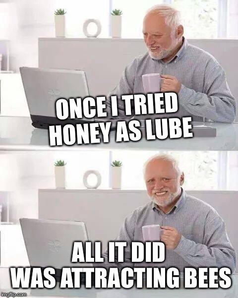Hide the Pain Harold | ONCE I TRIED HONEY AS LUBE; ALL IT DID WAS ATTRACTING BEES | image tagged in memes,hide the pain harold | made w/ Imgflip meme maker