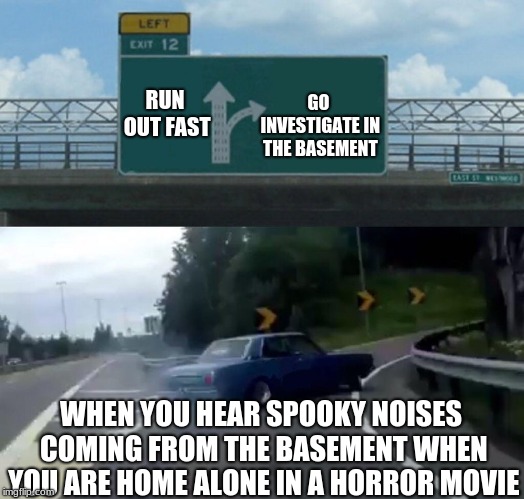 Every Horror Movie Be Like | RUN OUT FAST; GO INVESTIGATE IN THE BASEMENT; WHEN YOU HEAR SPOOKY NOISES COMING FROM THE BASEMENT WHEN YOU ARE HOME ALONE IN A HORROR MOVIE | image tagged in memes,left exit 12 off ramp,run,investigate,spooky noises,horror movie | made w/ Imgflip meme maker