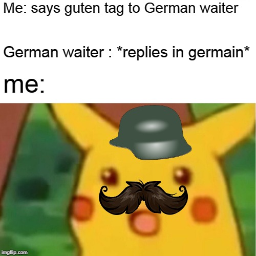 Surprised Pikachu Meme | Me: says guten tag to German waiter; German waiter : *replies in germain*; me: | image tagged in memes,surprised pikachu | made w/ Imgflip meme maker